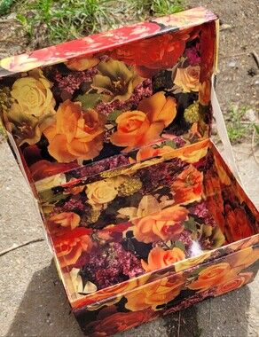 Vintage Floral Decoupage Trinket Recipe Box Vibrant Orange Roses Cottagecore